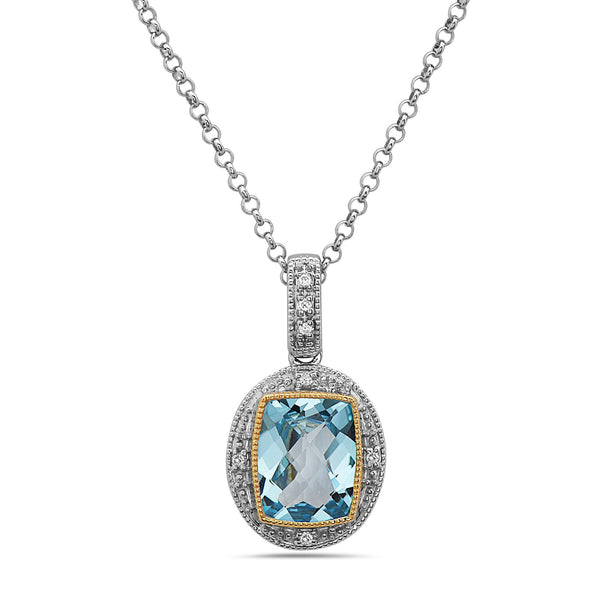 Radiant Cut Blue Topaz, Diamond, Sterling Silver and 14k Yellow Gold Pendant