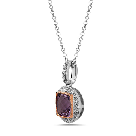 Square Cut Amethyst, Diamond, Sterling Silver and 14k Rose Gold Pendant
