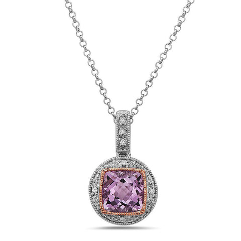 Square Cut Amethyst, Diamond, Sterling Silver and 14k Rose Gold Pendant