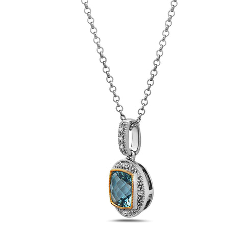 Square Cut Blue Topaz, Diamond, Sterling Silver and 14k Yellow Gold Pendant