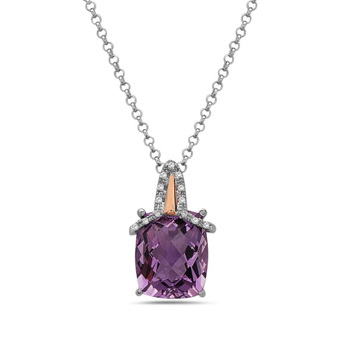 Radiant Cut Amethyst, Diamond, Sterling Silver and 14k Rose Gold Pendant