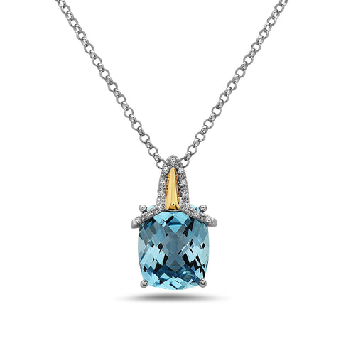 Radiant Cut Blue Topaz, Diamond, Sterling Silver and 14k Yellow Gold Pendant