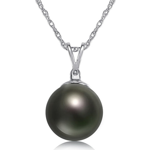 8-9mm Natural Color Tahitian Pearl and Diamond 14k White Gold Pendant