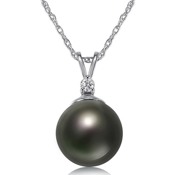 8-9mm Natural Color Tahitian Pearl and Diamond 14k White Gold Pendant