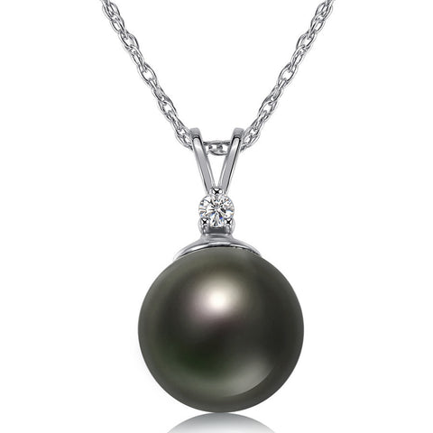 8-9mm Natural Color Tahitian Pearl and Diamond 14k White Gold Pendant