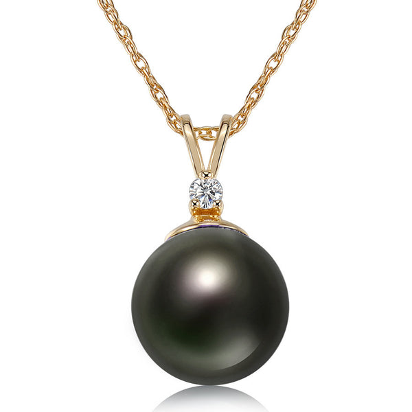 8-9mm Natural Color Tahitian Pearl and Diamond 14k Yellow Gold Pendant