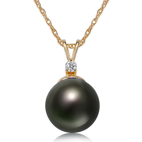 8-9mm Natural Color Tahitian Pearl and Diamond 14k Yellow Gold Pendant
