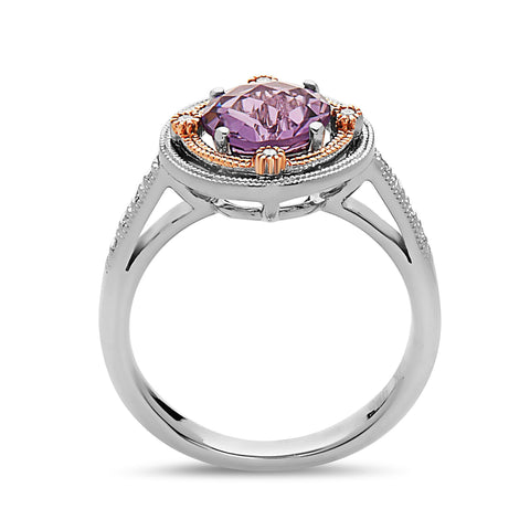 Round Cut Amethyst, Diamond, Sterling Silver and 14k Rose Gold Ring