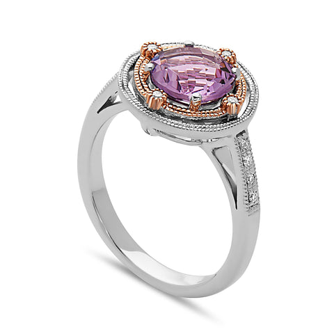 Round Cut Amethyst, Diamond, Sterling Silver and 14k Rose Gold Ring