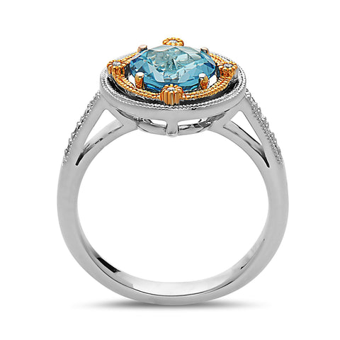 Round Cut Blue Topaz, Diamond, Sterling Silver and 14k Yellow Gold Ring