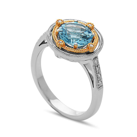 Round Cut Blue Topaz, Diamond, Sterling Silver and 14k Yellow Gold Ring