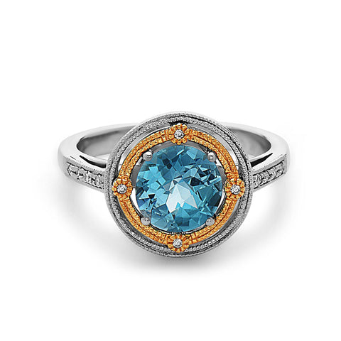 Round Cut Blue Topaz, Diamond, Sterling Silver and 14k Yellow Gold Ring