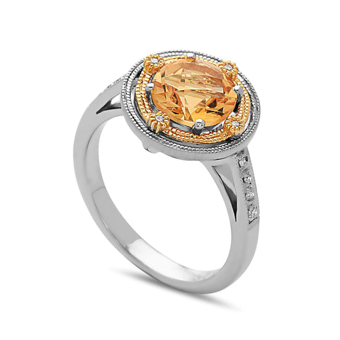 Round Cut Citrine, Diamond, Sterling Silver and 14k Yellow Gold Ring