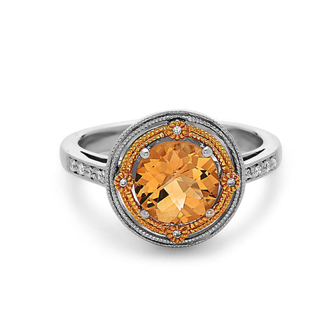 Round Cut Citrine, Diamond, Sterling Silver and 14k Yellow Gold Ring