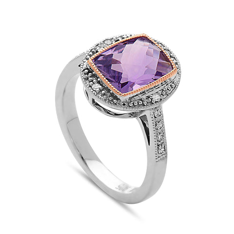 Radiant Cut Amethyst, Diamond, Sterling Silver and 14k Rose Gold Ring