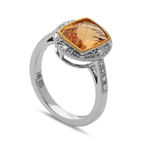 Radiant Cut Citrine, Diamond, Sterling Silver and 14k Yellow Gold Ring