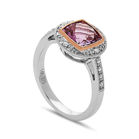 Square Cut Amethyst, Diamond, Sterling Silver and 14k Rose Gold Ring