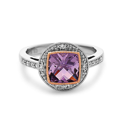 Square Cut Amethyst, Diamond, Sterling Silver and 14k Rose Gold Ring