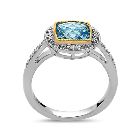 Square Cut Blue Topaz, Diamond, Sterling Silver and 14k Yellow Gold Ring