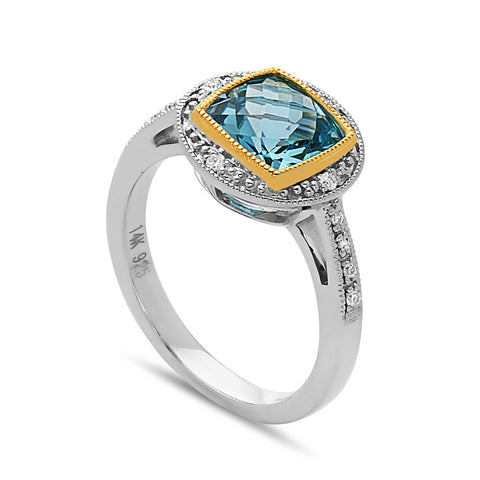 Square Cut Blue Topaz, Diamond, Sterling Silver and 14k Yellow Gold Ring
