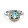 Square Cut Blue Topaz, Diamond, Sterling Silver and 14k Yellow Gold Ring