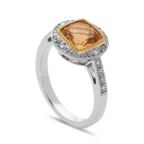 Square Cut Citrine, Diamond, Sterling Silver and 14k Yellow Gold Ring