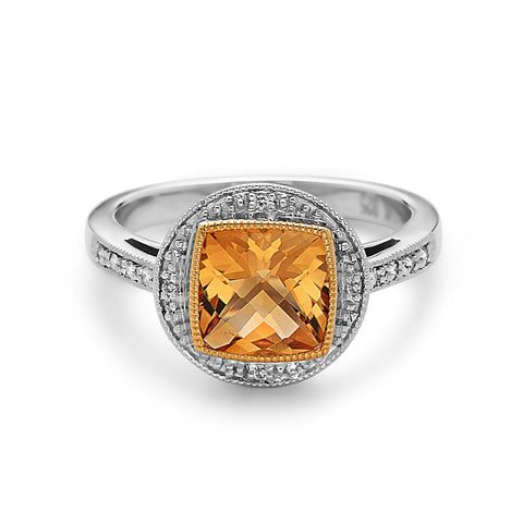 Square Cut Citrine, Diamond, Sterling Silver and 14k Yellow Gold Ring