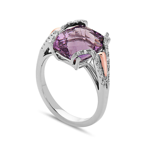 Radiant Cut Amethyst, Diamond, Sterling Silver and 14k Rose Gold Ring