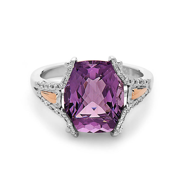 Radiant Cut Amethyst, Diamond, Sterling Silver and 14k Rose Gold Ring