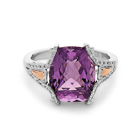 Radiant Cut Amethyst, Diamond, Sterling Silver and 14k Rose Gold Ring