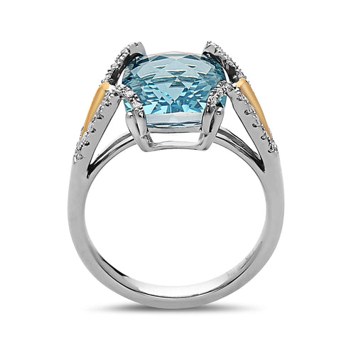 Radiant Cut Blue Topaz, Diamond, Sterling Silver and 14k Yellow Gold Ring