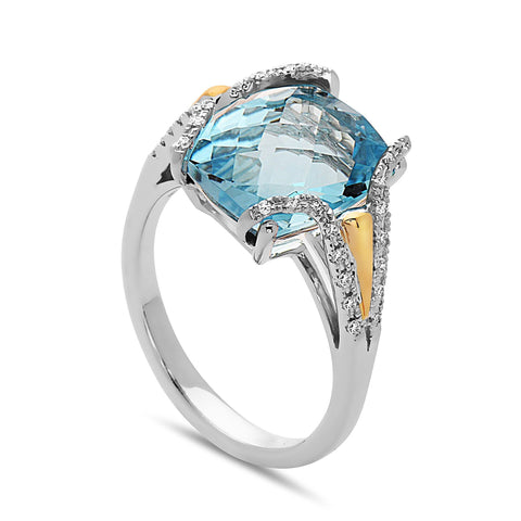 Radiant Cut Blue Topaz, Diamond, Sterling Silver and 14k Yellow Gold Ring