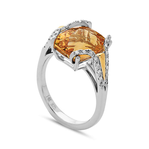 Radiant Cut Citrine, Diamond, Sterling Silver and 14k Yellow Gold Ring