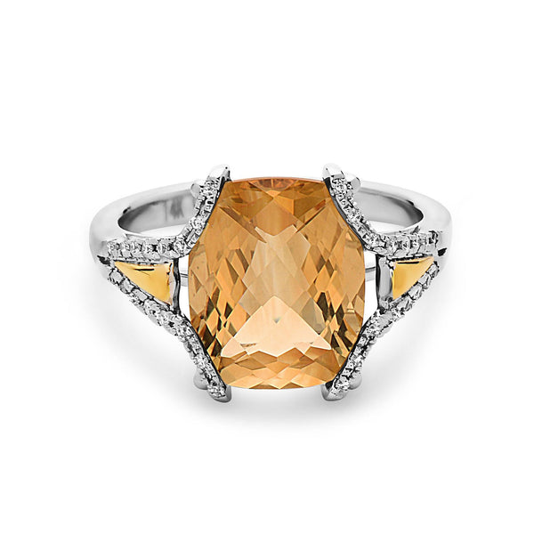 Radiant Cut Citrine, Diamond, Sterling Silver and 14k Yellow Gold Ring